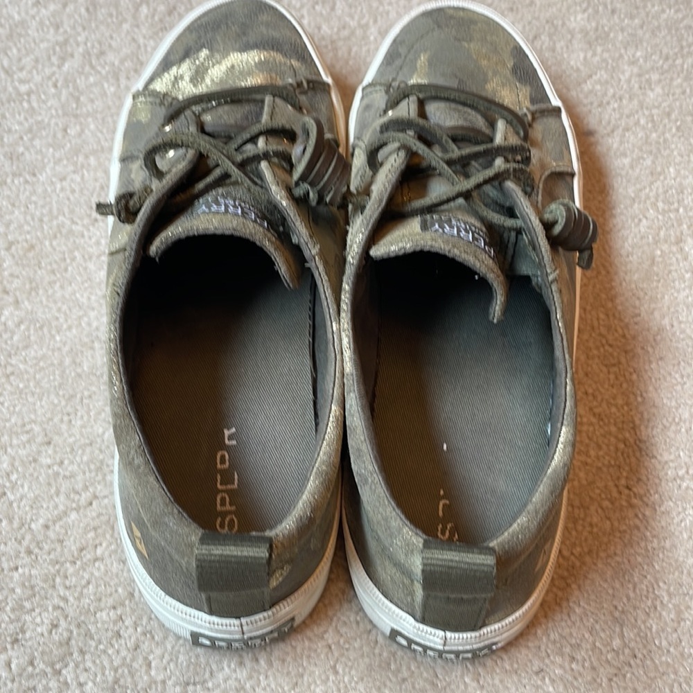 Sperry memory foam, green, and gold suede camo slip on’s - Picture 3 of 6